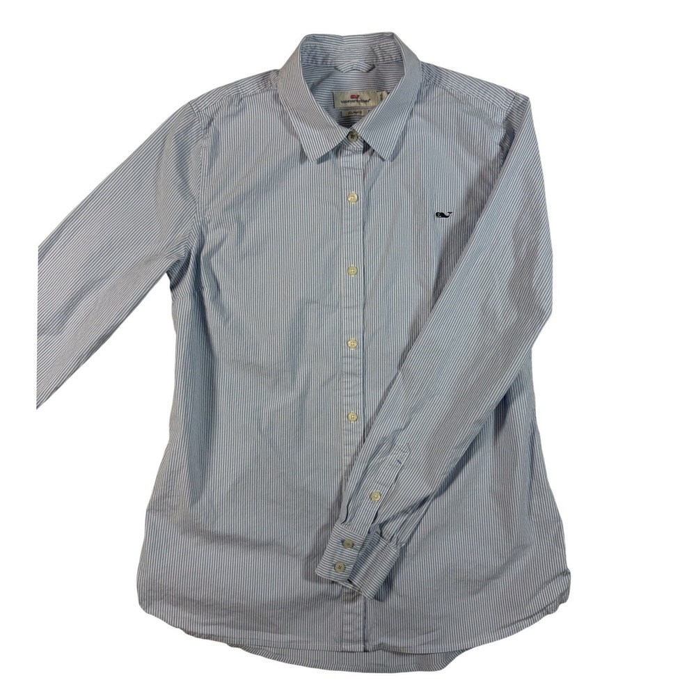 Vineyard Vines Classic Fit Blue White Pinstripe Button Down Whale Shirt Womens 4